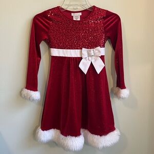 BONNIE JEAN Red Velvet Sequin Fur Trim Dress